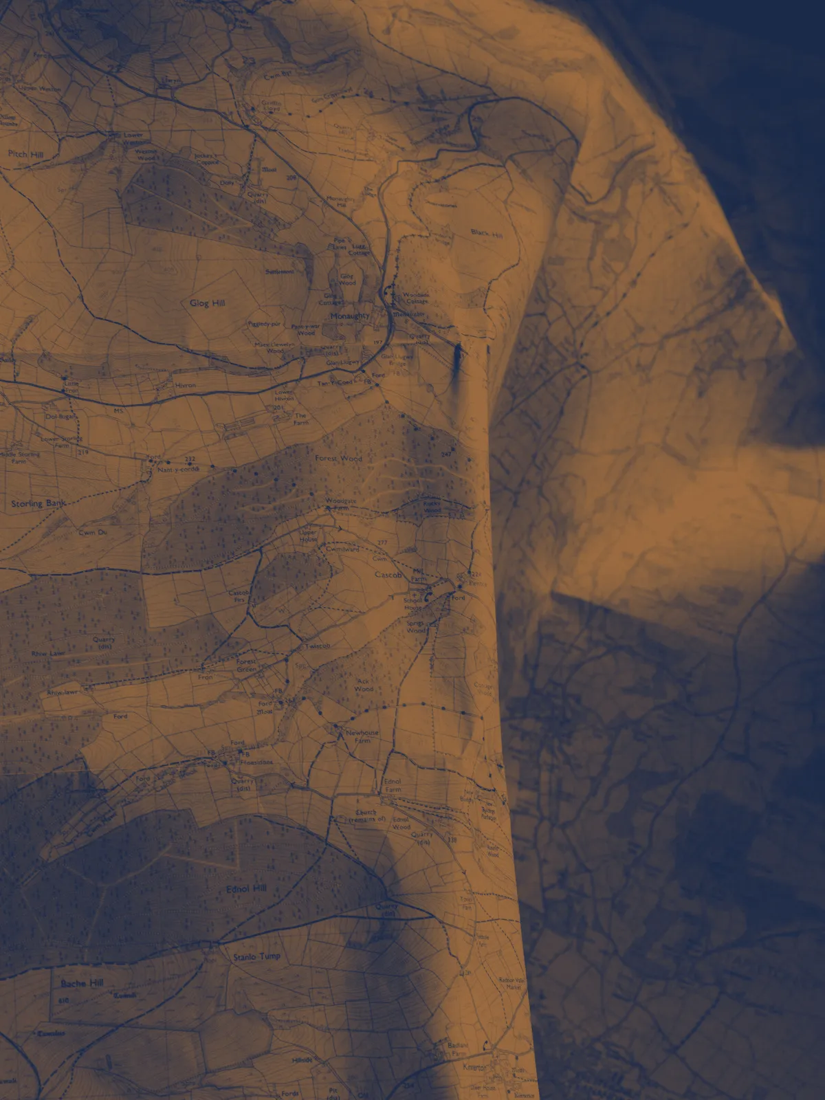 A topographic contour pattern, in JAG's navy-and-bronze duotone.