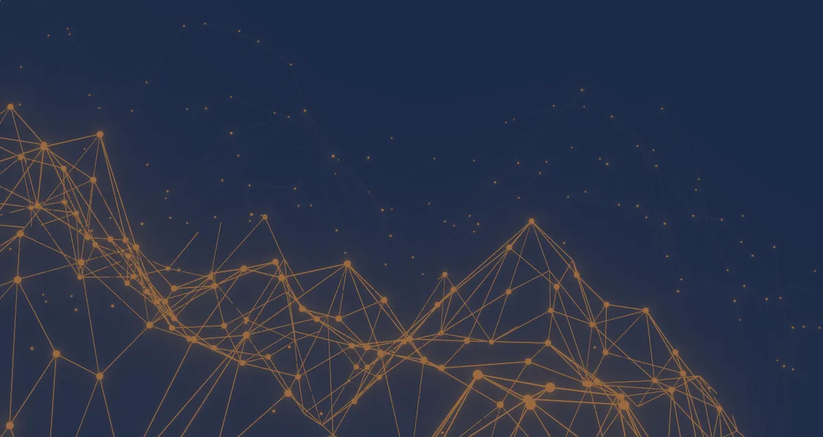 An abstract network of connected nodes, in JAG's navy-and-bronze duotone.